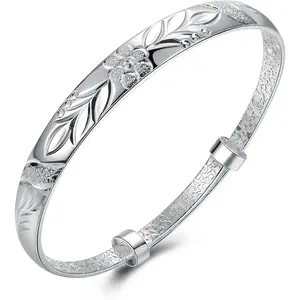 Women's 925 Sterling Silver Fu Flower Carved Bangle Bracelet 17.5g Weight 6.5CM for Wedding Gift