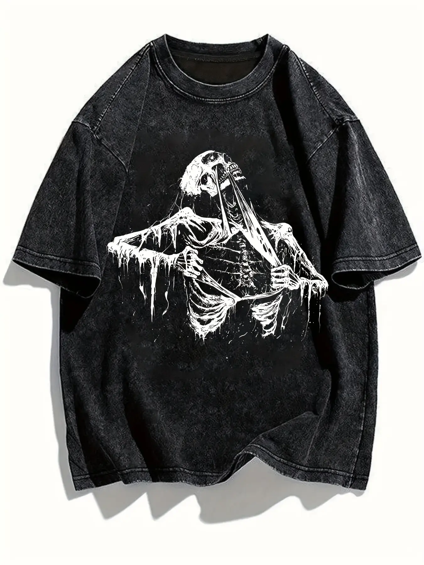 Men's 260g Heavyweight 100% Natural Cotton Shortsleeve Graphic Tee - Retro Vintage Washed, Ripped Skeleton Print, Fluffy, Breathable, Moisture-Wicking, Acid Washed, Gothic Dark Horror Streetwear, Oversized Aesthetic Menswear Fashion Top for Alt Style Fans