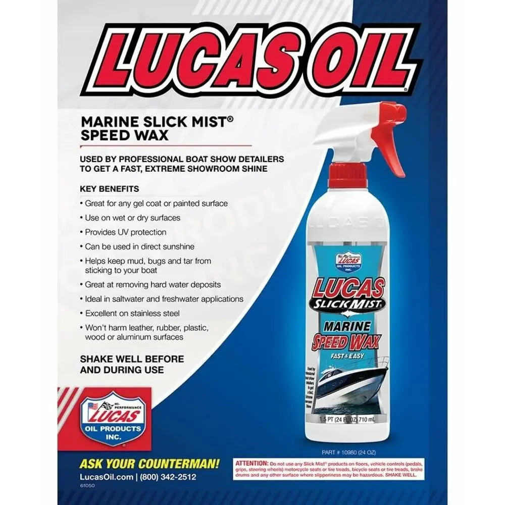 Lucas Oil 10980 Slick Mist Marine Speed Spray Wax - 24 Oz Car Cleaning Supplies, Automotive Paint Care Waxes, Detailing Products