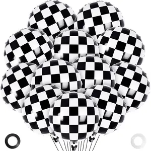 Checkered Balloons, 12 count Checkered Racing Foil Balloons, 18 Inch Black and White Checkerboard Mylar Balloons for Race  Birthday Party Supplies Decoration