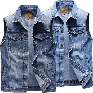 Mens Cargo Denim Vest Multi Pockets Sleeveless Jacket Fashion Washed Jeans Waistcoats Male Waistcoats Vests Sleeveless Jackets