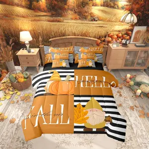Hello Fall Comforter Set,Autumn Gnome Pumpkin Maple Leaf Thanksgiving Day Bedding Set,Orange Plaids Stripes Patchwork Bed Set,7 Pieces(Comforter+Fitted+Flat Sheet+Pillowcase+Pillow Cover)