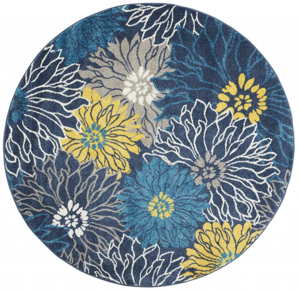 212 MAIN 4 ft. Round Decorative Area Rug - Blue Tropical Flower Design, Vibrant Floral Print, Tropical Area Rugs