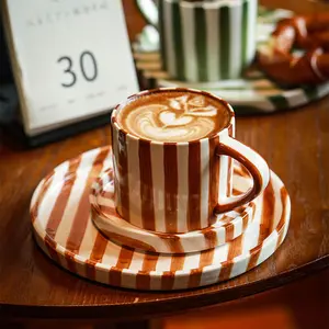 8 Oz Coffee Mug Large Espresso Cups With Saucer Ceramic Coffee Mugs Porcelain Coffee Cup With Saucer Hand-Painted Striped Art Cup And Saucer Coffee Drinkware Coffee Cups Gift
