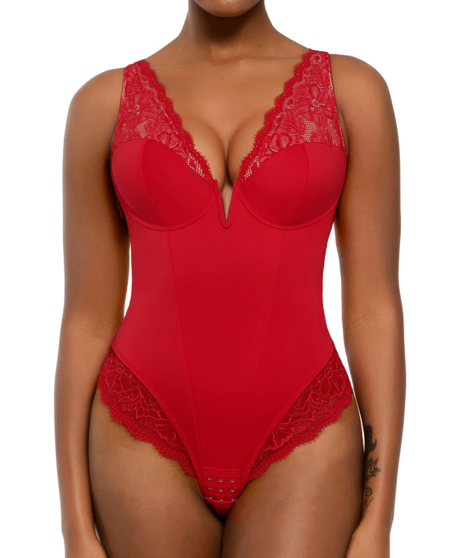 Popilush Shapewear Deep V-Neck Sculpting Lace Inset Bodysuit Womenswear Red