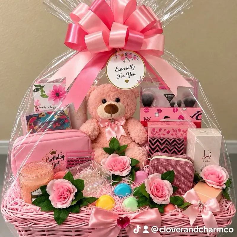 Pink Birthday Gift Basket with Teddy Bear, Bath Bombs, and assorted items for a special occasion