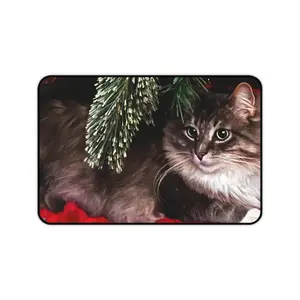 Christmas Kitty Desk Mat - Holiday Cat Lover Gift Mouse Pad, Home Office Decor, Cute Kitten Computer Mat, Snowy Winter Animal Desk Accessory