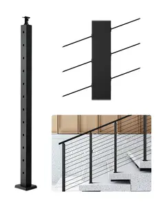 Cable Railing Post For Deck Or Stair, 42x2x2 Inch Stainless Steel Post With Pre-Drilled 30° Angled Holes, Horizontal And Curved Bracket, 1-Pack, Black Finish, Outdoor Cable Rail System Component