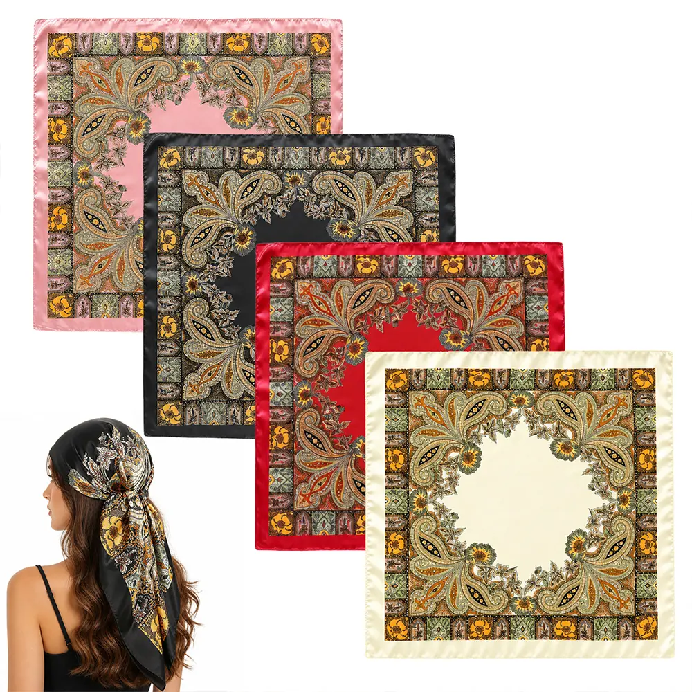 4 Packs 35.43x35.43 Inches Head Scarves for Women, Polyester F abric Hair Scarf  Large Square Bandana Neck Scarf Shawl Great for Matching Any Outfits in Daily Life, Party, Wedding, Travelling, Ceremonies and More Occasions