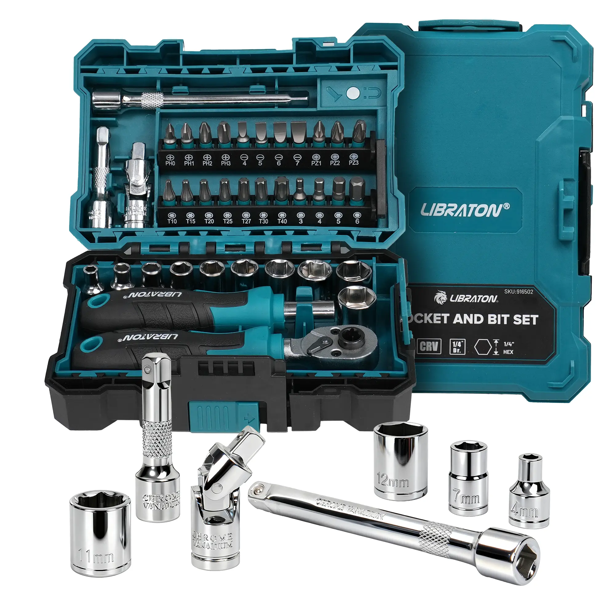LIBRATON 1/4" Drive Mini Socket & Ratchet Wrench Set with Bits, 4-13mm Shallow Sockets, Magnetic Driver Handle, Extension Bars & Universal Joint, with Storage Case for DIY, Auto Repair