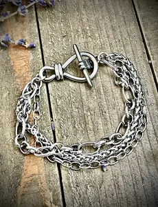 Triple Strand Chunky Toggle Silver Stainless Steel Chain Bracelet