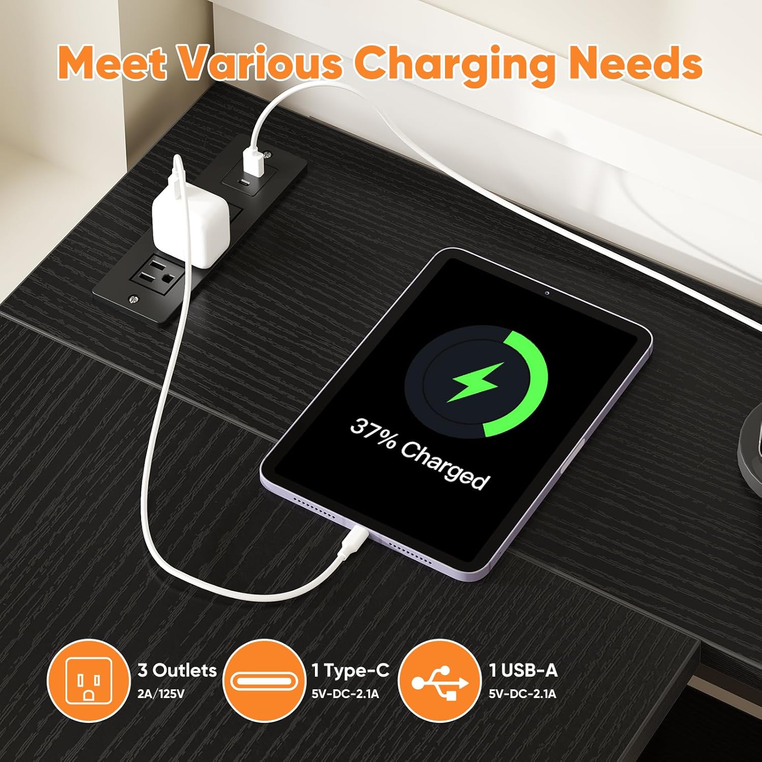 47" L Shaped Desk with Charging Station & Drawers, Corner Computer Desk with Adjustable Shelves for Home Office Gaming