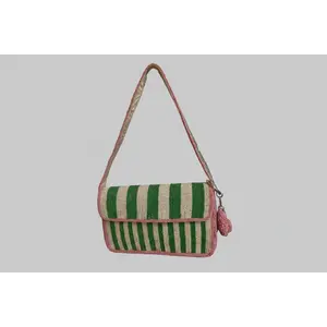Trending Beaded Bag - Pink Green Stripes