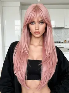 22-Inch Straight Wig with Bangs, Layered Design, Heat-Resistant Synthetic Fiber, Sweet and Comfortable, Ideal for Daily Wear, Parties, Events, Synthetic Material Wigs
