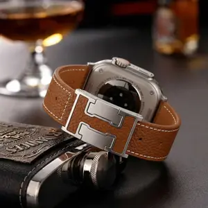 Magnetic Leather Watch Band Suitable for Apple Watch series Lychee Grain Comfort Fit 44mm/45mm/46mm/49mm Square Smart Watches Genuine Leather Strap Soft Multiple Colors 【Watch Not Included】