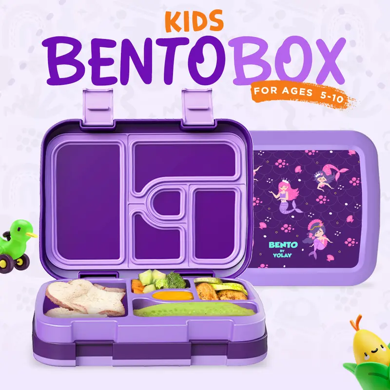 YOLAY Kids Bento Box-Shaped Lunch Box - 5-Compartment Fun, 800ml, Leak-Proof, Lightweight, Reusable Tableware with Anti-Slip Base, Durable for School & Outdoor Use, Ages 3-10, Ideal for Back to School (Mermaid, Trucks, Animals)