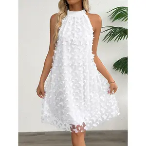 Butterfly Applique Solid Color Dress, Elegant Chocker Neck Sleeveless Dress For Spring & Summer, Women's Clothing