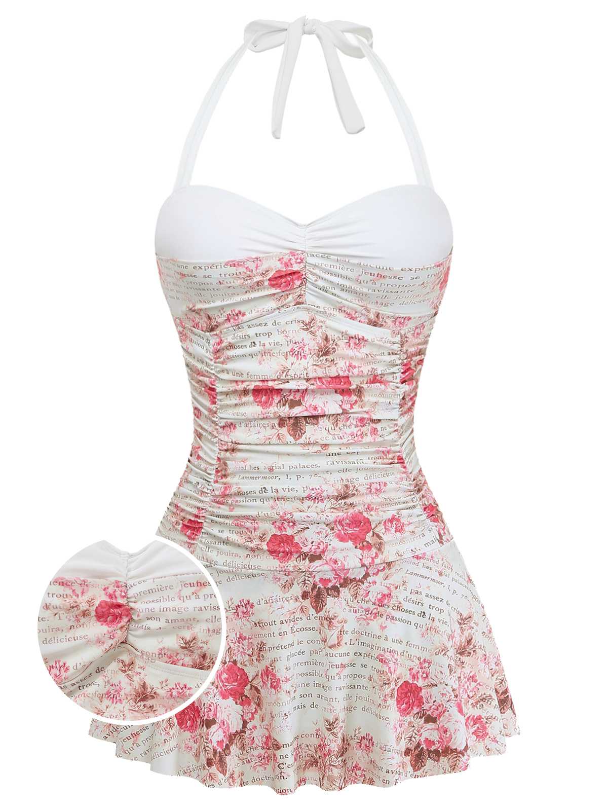 1950s Halter Roses Ruched Tummy Control Swimdress