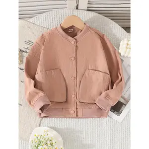 Girls' & Kids' Softshell Button-Up Baseball Jacket - Loose Fit Short Length/Fall Outerwear, Lightweight Casual Sportswear Jacket with Round Neck & Button Front, Playdates (Non-Stretch Buttonable Coat)