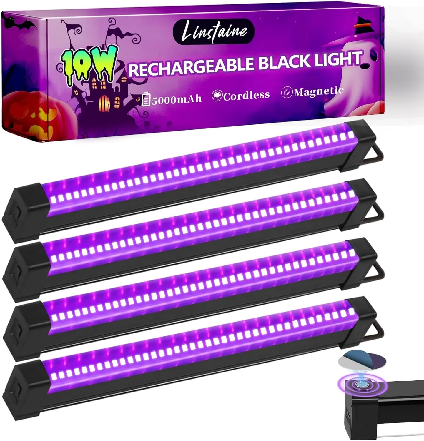 4 Pack Rechargeable Black Light Bar, 5000mAh Large Capacity Battery Powered Black Lights for Glow Party, Portable Blacklight Party Supplies for Uranium Glass, Fluorescent Poster, Bedroom, Halloween