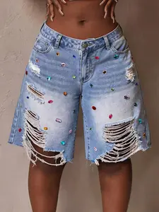 American High Street Colorful Hand-Stitched Rhinestone Loose Fit Big Hole Denim Five-Quarter Pants, Stylish and Comfortable Jeans Shorts