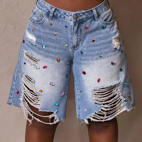 Women's American High Street Colorful Hand-Stitched Rhinestone Loose Fit Oversized Ripped Light Wash Comfortable Denim Casual Ripped Shorts Bottom Jean