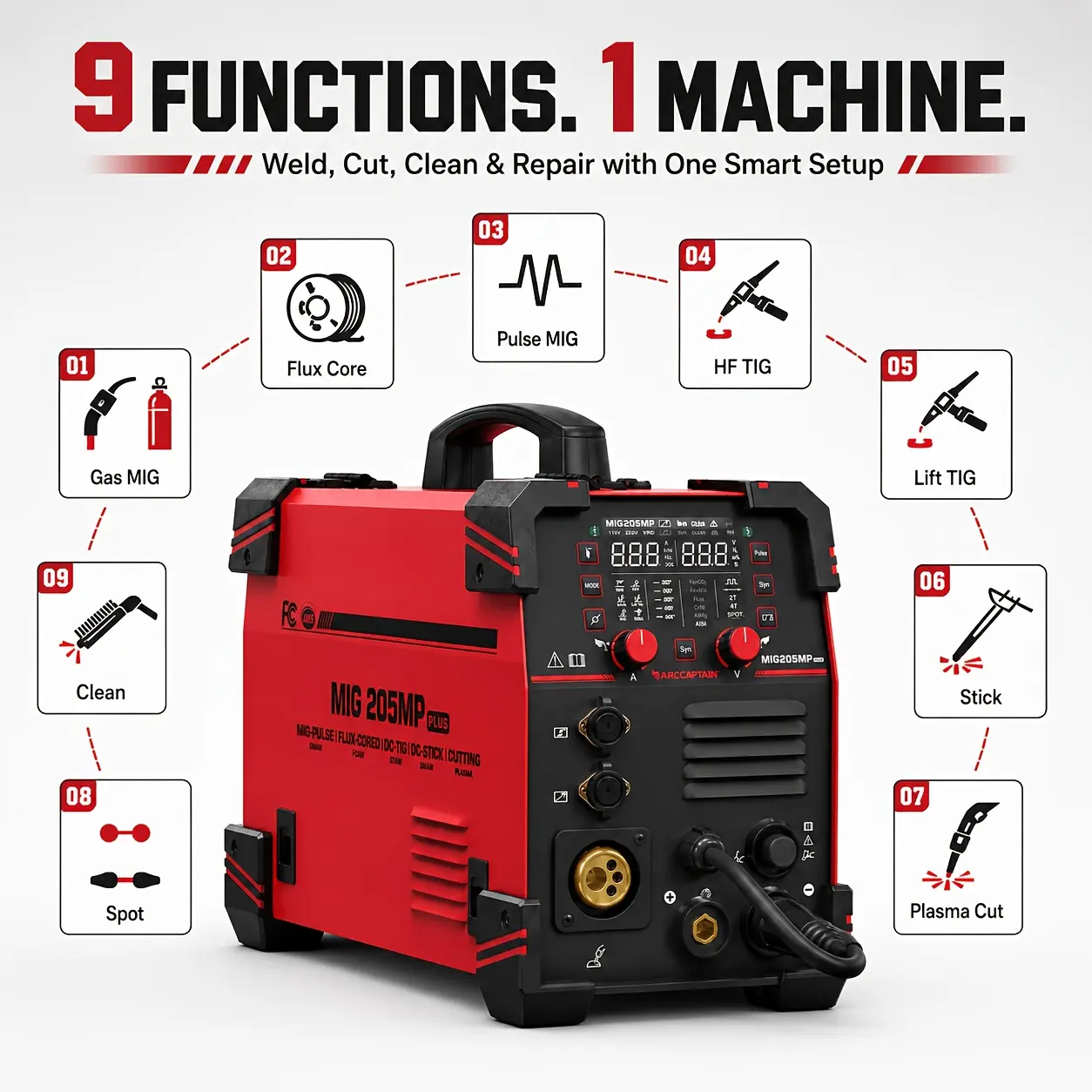 ARCCAPTAIN MIG205MP PLUS 205A 9-in-1 Multi-Process Welder & Plasma Cutter Kit with Auto Darkening Welding Helmet And 14" Welding Gloves, 120V/240V Pulse MIG, Flux Core MIG, HF/Lift TIG, Stick, Spot & Clean