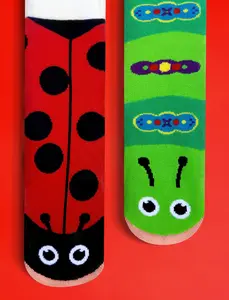 PALS Adult Ladybug & Caterpillar Socks - Cute Cartoon Unisex Crew-Length Tube Socks for Women & Men - 76% Cotton 13% Polyester 9% Nylon 2% Spandex - OEKO-TEX® Certified