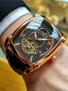 Men's Mechanical Watch, Tourbillon Hollow-Out Design, High-End Business Fashion Sport Watch, Square Dial, Band, All Seasons Wear, Mechanical Style Watches