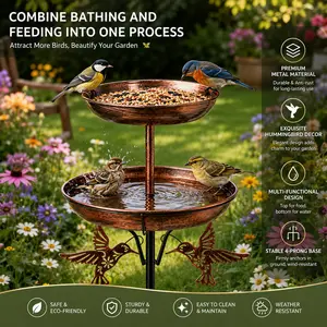 Premium 2-Tier Bird Bath & Bird Feeder Station, Elegant Garden Decor with Hummingbird Art Design, Outdoor Patio Landscape Accent, Vintage Copper Yard Ornament, Gift for Bird Lovers