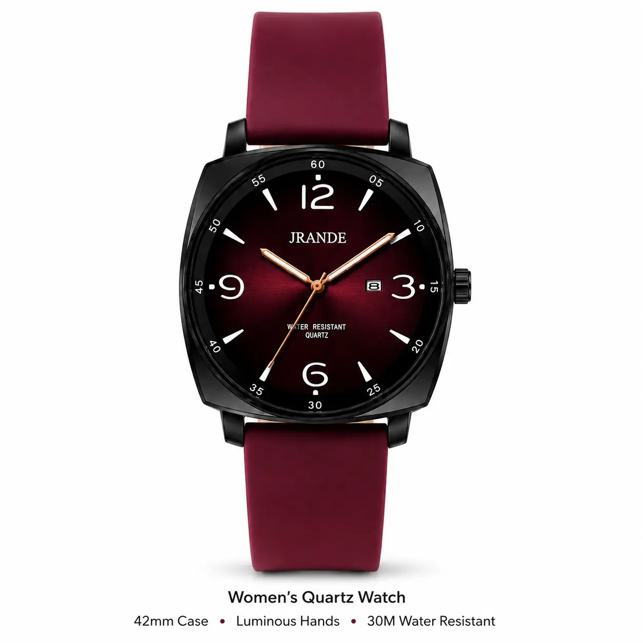JRANDE Women’s Quartz Watch, Burgundy Dial & Strap, Luminous Hands, Date Display, 30M Water Resistant, 42mm Casual Dress Wrist Watch for Women smart color night light silicone band