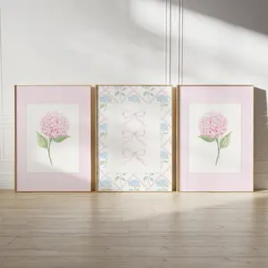 Pink Watercolor Hydrangea Print Set of 3, Watercolor Pink Bow Art Prints, Wall Art, Coquette Digital Print, Trendy Dorm Decor