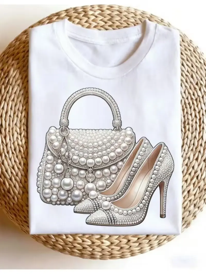 PC Women'S Summer Clothes Pearl-Embellished Handbag Heels Graphic T-Shirt for Fashion Events Elegant Women'S Clothing Round Neck Short Sleeves Casual And Fashionable Top Suitable for Parties Women'S Round Neck Top, Casual And Versatile