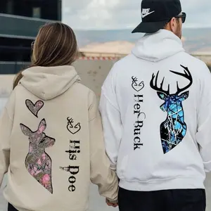 [Couple Matching 2025 - 2026] Her Buck & His Doe Couple Matching Hoodies Graphic Hoodie Casual  Fleece Fabric Pullover Hooded Sweatshirt for Women for Men, Perfect Gift