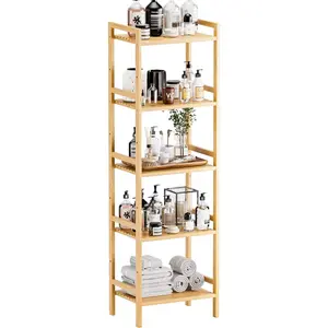Tall narrow bookshelf, 5-layer bathroom bamboo bookshelf, floor-standing display storage organizer for small spaces, adjustable , natural wood bookcase utility shelf Basket Rack Kitchen Lightweight Photo Plant