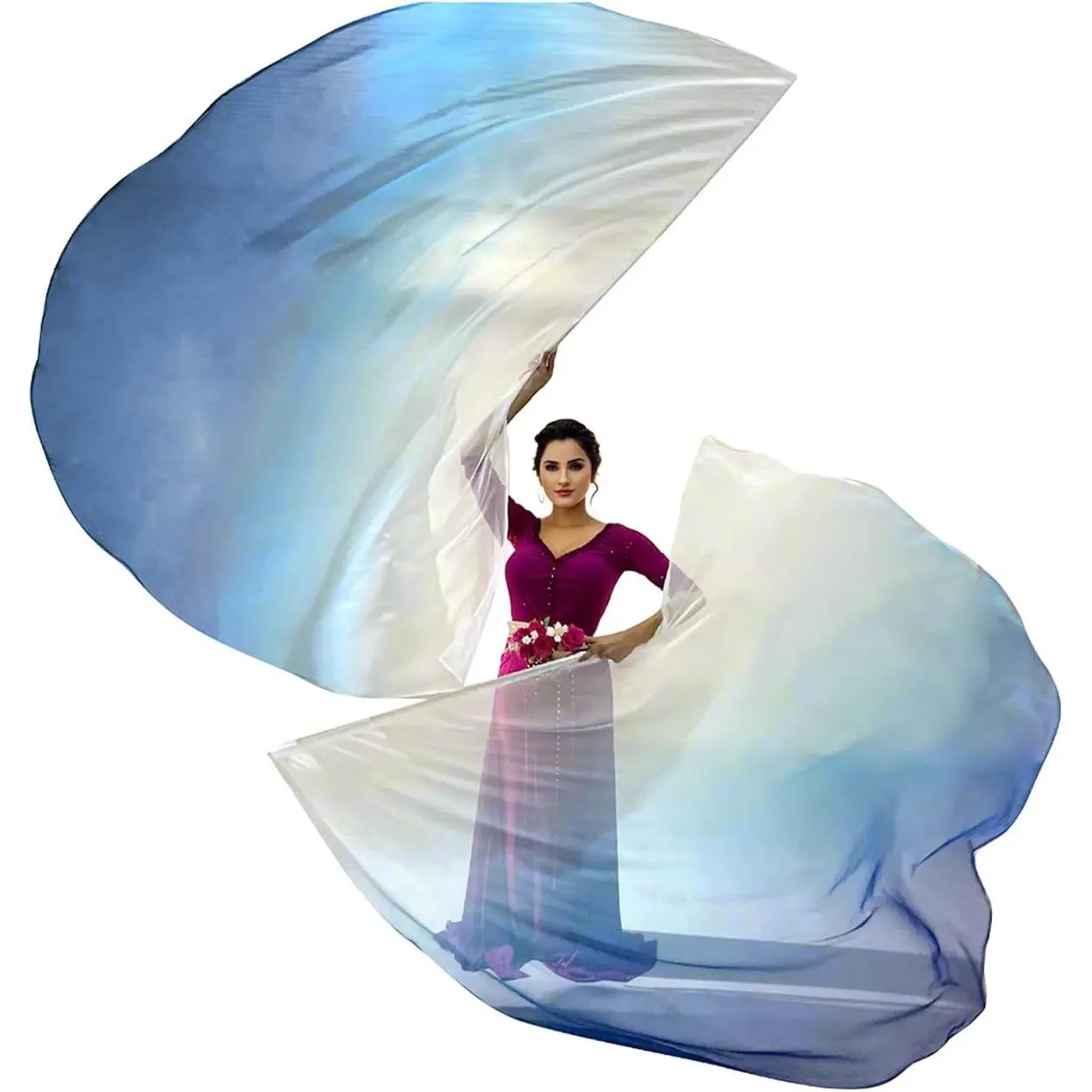 2 Sets of 55 x 78" Dance Metallic Semicircle Worship Angel Wing Flags with Scalable Rods - Praise Flags Worship Silk Flex Flag for Dance Church Performance-blue-white