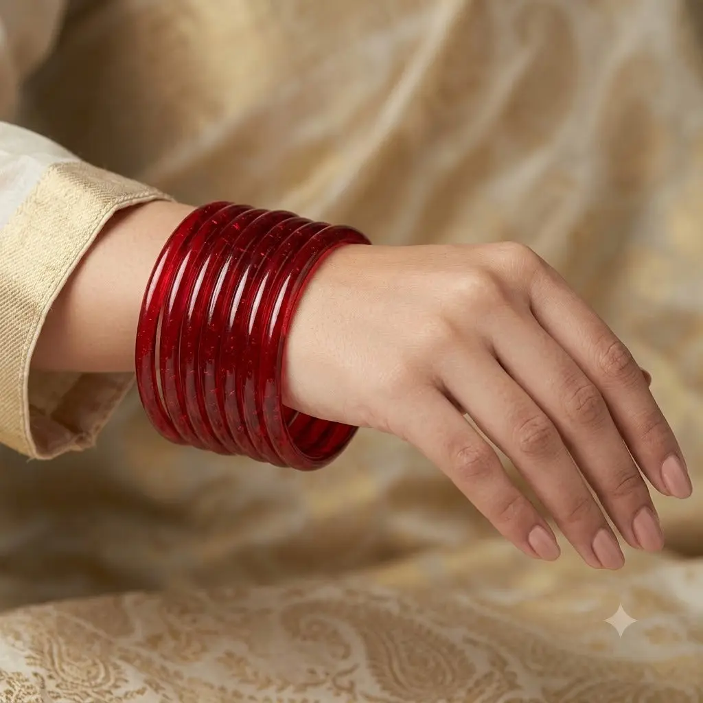 KK - Red Glass Bangle Set with Kashmiri Ghungroo Bangles Thread-Wrapped Jingle Charms
