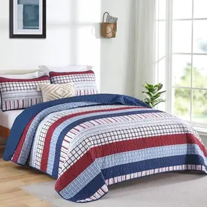 3 Pieces Striped Quilt Set King Size, Red Blue Boho Striped Bedspread Coverlet Set  Lightweight Soft Microfiber Patchwork Quilt Bedding Set for All Season