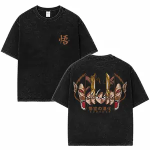 Saiyan Evolution Vintage Washed Anime T-Shirt, Monkey Warrior Transformation Graphic Tee, Japanese Manga Streetwear, Oversized Acid Wash Cotton Shirt, Retro Harajuku Back Print Tee