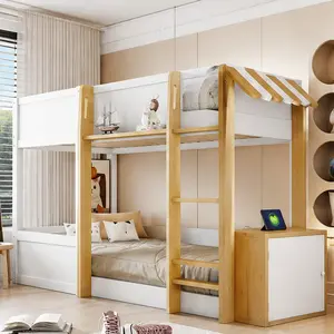 ARCH Twin Over Twin Bunk Bed with Desk Storage Ladder USB Ports Solid Wood White for Kids Bedroom Space-Saving Loft Bed Frame with Built-In Study Area and Guardrails No Box Spring Needed, White Color Options, Solid Wood+MDF Material