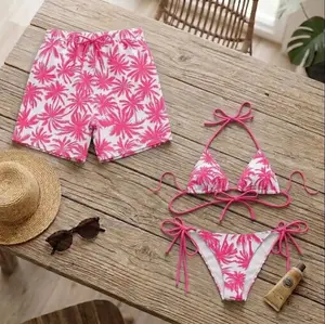 [Hot Summer 2026] - Couple Matching Swimwear Summer 2026 – Pink Tropical Bikini Set for Women & Hawaiian Shorts for Men, Palm Print Beach Outfit