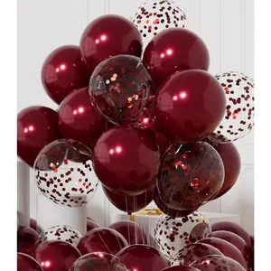 Party Balloons Pack of 42 - Metallic Burgundy Balloons and Confetti Latex Helium Balloons With 64ft Ribbons - 12 Inch Mroon Chrome Balloon Decoration Set