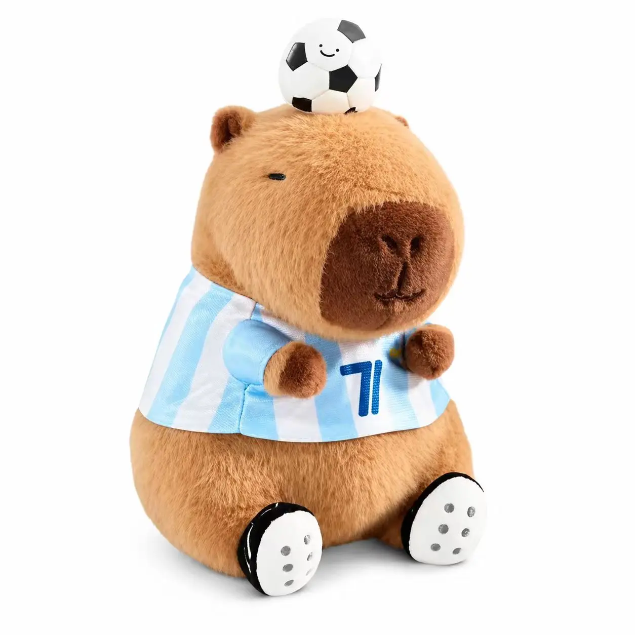 soft adorable 8.7 Inch Capybara  furry friends Plush Toy with Soccer Ball Hat, Stuffed Animal Wearing Blue White Striped Sports Shirt,  for Bedroom, daily kawaii plushies home Decor, Birthday Gift and girlygifts romantic occasion ,perfectchristmas party