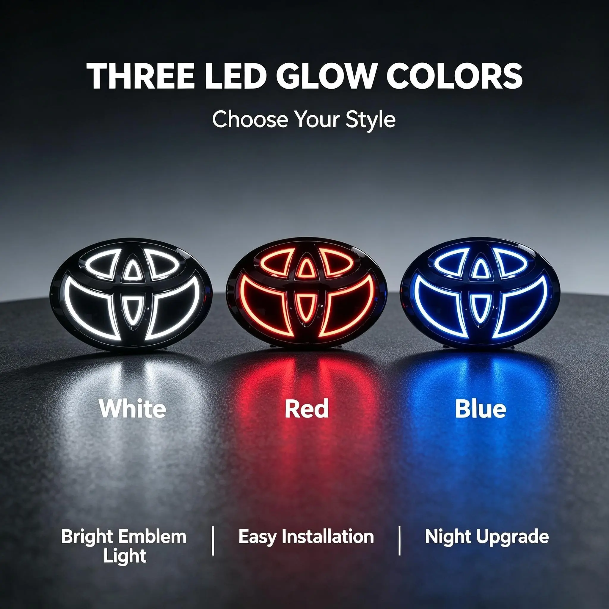 Upgraded 25cm 5D LED Beacon Rear Emblem Light for Toyota Cars, 2W, Plug-and-Play, High Brightness, Futuristic Look, Blue/Red/White Options, Factory Glossy Surface, 3-Min Installation, Long-Lasting, Fits Corolla Camry Prado Alphard