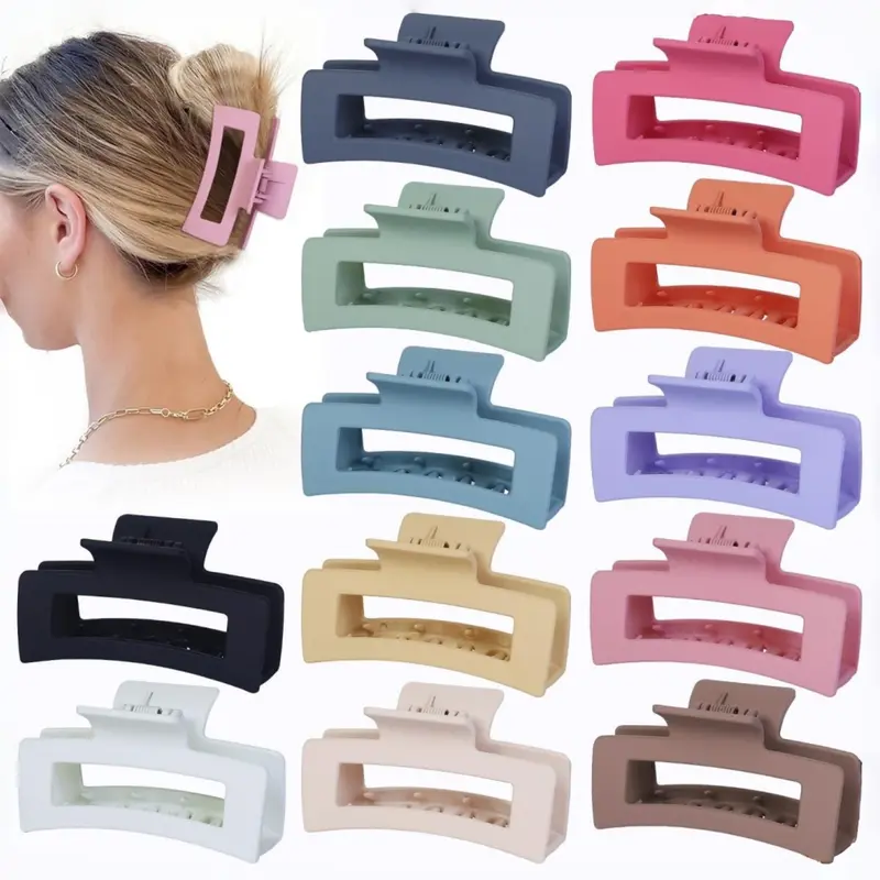 12-Piece Set Hot Selling Textured Rectangular Hair Claw, Simple Back Bun Ponytail Hair Claw Shark Clip, Women's All-Season Updo Hair Accessories, Multi Purpose Clips, Hair Claws Set