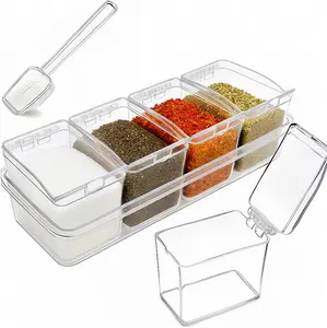 Clear Seasoning Box, 4 Pieces Seasoning Rack Spice Pots with Lids and Spoons, Toppings Containers, Acrylic Seasoning Box for Salt Spice, Pepper, Sugar, Cardamon, Cinnamon