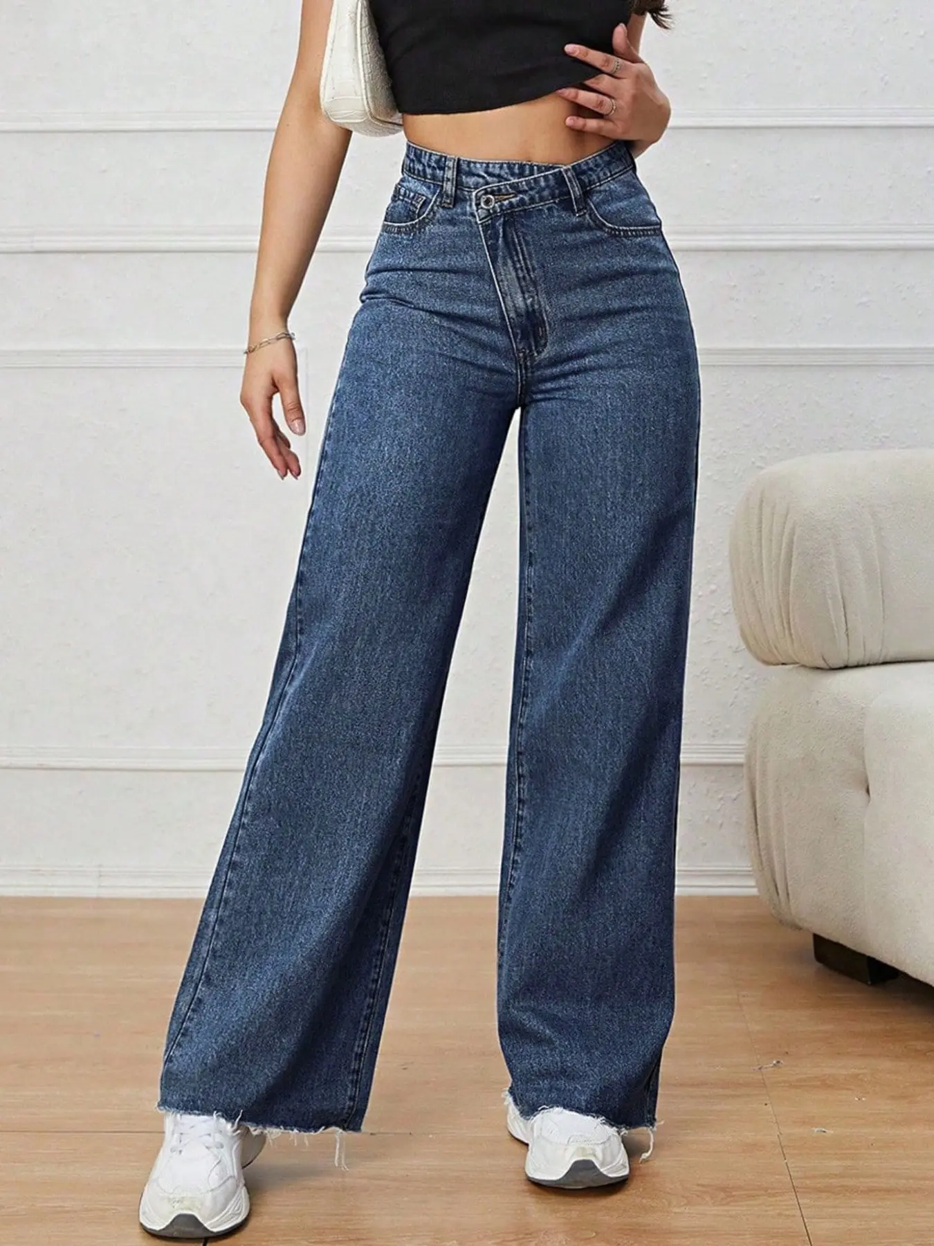 Asymmetrical High-Waisted Wide-Leg Fit Jeans, Pants, Fashionable Women's Denim Jeans, Perfect for Casual or Formal Occasions, Enhance Your Wardrobe