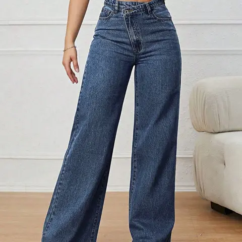 Asymmetrical High-Waisted Wide-Leg Fit Jeans, Pants, Fashionable Women's Denim Jeans, Perfect for Casual or Formal Occasions, Enhance Your Wardrobe