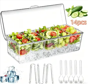 14 Pieces Refrigerated Condiment Server Boxes with Lids, 5 Removable Compartment Containers, Decorative Plates with Lids, Chilled Fruit Salad Condiment Trays for Bars, Serving and Tableware Easy To Clean Includes Cutlery Divided Serving Tray with Lid