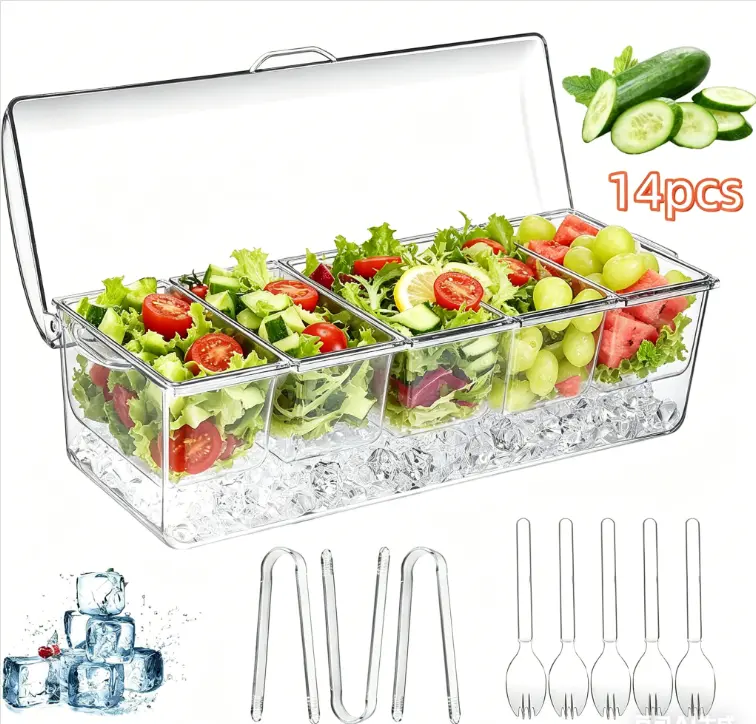 14 Pieces Refrigerated Condiment Server Boxes with Lids, 5 Removable Compartment Containers, Decorative Plates with Lids, Chilled Fruit Salad Condiment Trays for Bars, Serving and Tableware Easy To Clean Includes Cutlery Divided Serving Tray with Lid